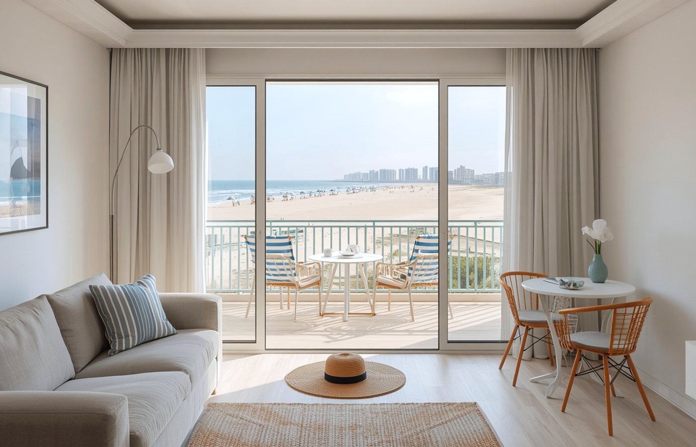 Living de un departamento de temporada con balcón a la playa en Mar del Plata