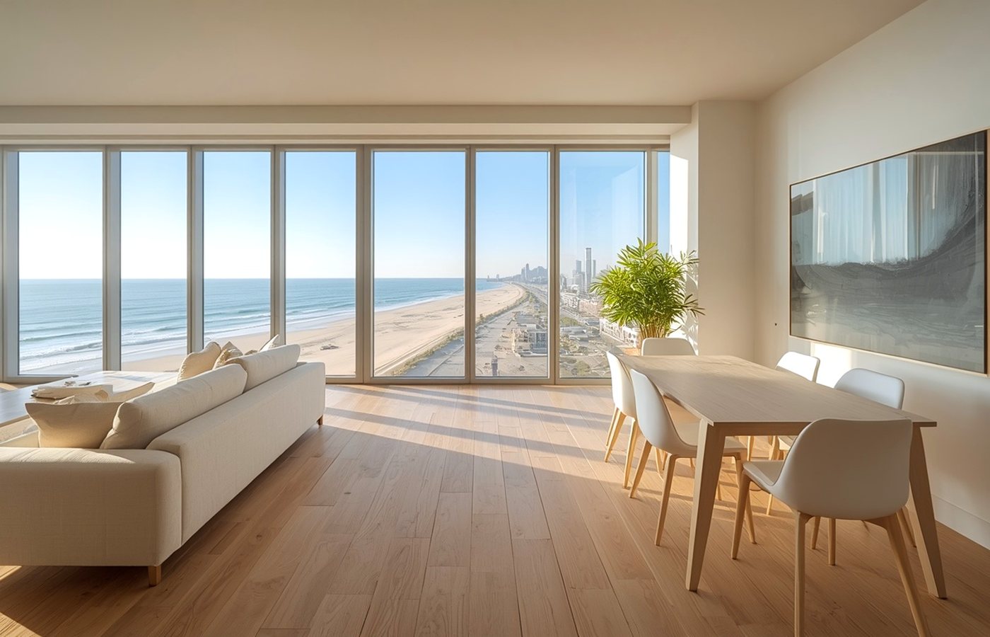 Living luminoso de un departamento con vista al mar y a la playa en Mar del Plata